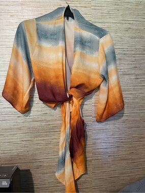 Sage Multicolor Watercolor Tie-Front Jacket - Blue, Orange, Brown
